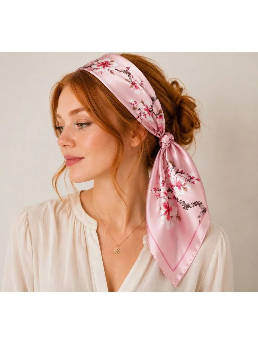 Pink Magnolia Satin Scarf 35x35 Floral Square Hair Head Neck Scarf for Women